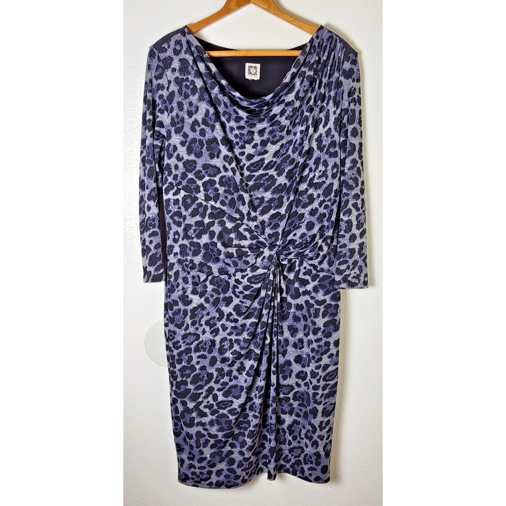VTG Anne Klein Sz 6 Small Grey Leopard Print Long Sleeve Faux Wrap Dress Stretch